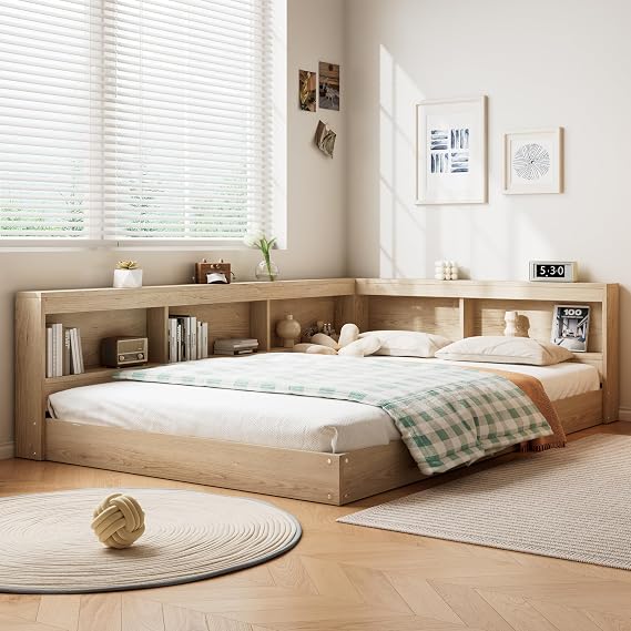 4ft6 Double Bed Frame with Storage Compartments & Slatted Frame, Household Low Platform Floor Bed for Adults Kids Teenagers, Multifunctional Storage Beds Guest Beds, MDF+Plywood, White Oak, 135x190cm
