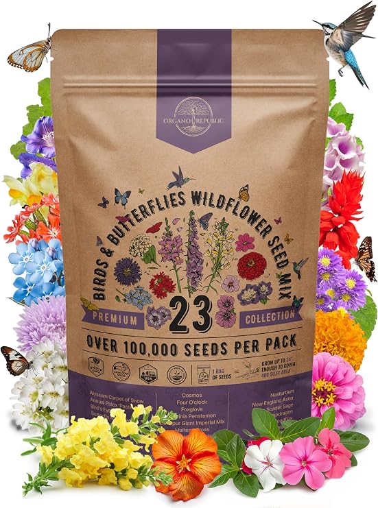 Organo Republic 23 Wildflower Seeds Annual & Perennial Mix for Indoor & Outdoors, Attract Birds & Butterflies 100,000+ Non-GMO, Heirloom Garden Seeds, 4oz Packet for Growing Wild Flowers