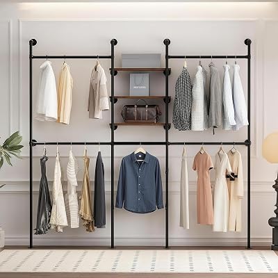 Industrial Pipe Clothes Rack with 3 Shelves & LED Light Bar,81 Inch Tall Garment Rack, Wall Mount or Free Standing, Walk-in Closet Organizer, Vintage Style