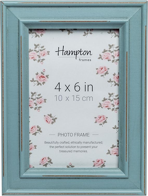 Hampton Frames | PALOMA Picture Photo Frame, 4x6 Inch (10x15cm), Light Blue, Distressed Wood | Glass Aperture, Freestanding or Wall Mount | Display for Home or Office