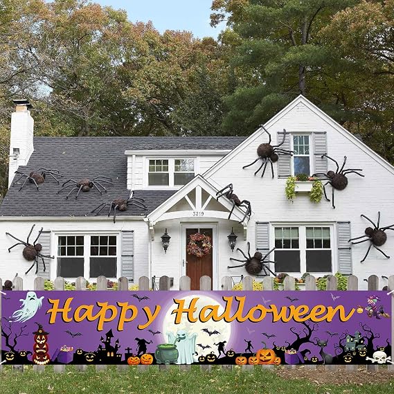 Happy Halloween Banner - Long Fabric Pumpkin Ghost Moon Trick or Treat Yard Sign Backdrop for Outdoor Fence Garden Patio Party Decoration Photo Props Supplies (Purple)