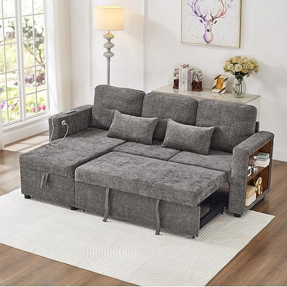 3 Seater Sofa Bed, Convertible Chenille Sectional Sofa Bed with Reversible Storage Chaise, Sleeper Sofa with Charging Station and Adjustable Armrest Side Storage, USB & Type-C Ports, Grey