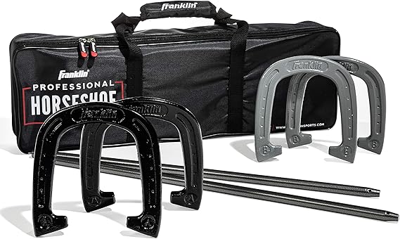 Franklin Sports Horseshoes Sets - Metal Horseshoe Game Sets for Adults + Kids - Official Weight Steel Horseshoes - Beach + Lawn Horseshoes Sets - Sets Include (4) Horseshoes and (2) Ground Stakes