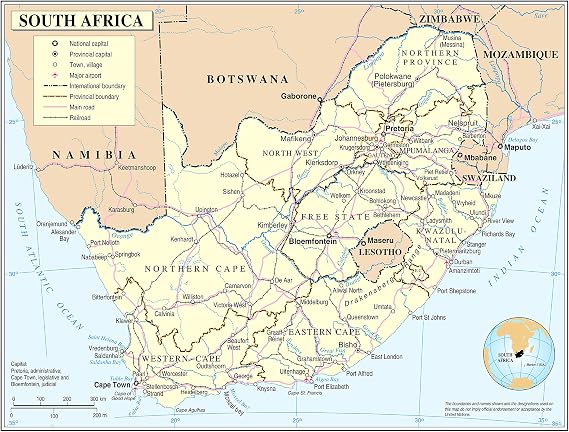 Palmetto Posters 24x31 Laminated Poster: Large detailed political and administrative map of south africa with roads railroads cities and airports