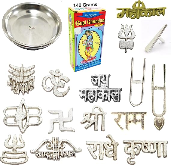 Natural 140g Gopi Chandan Iskcon Tilak with Plate and 16 Types Metal tika Stamp Forehead (SK140g1+16stp)