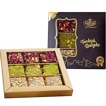Cerez Pazari Turkish Delight Pistachio with Fantastic Rose & Pomegranate Flavour Experience in Luxury Gift Box 8.8 oz | Assorted Gourmet Soft Candy, Sweet Vegan Traditional Lokum Loukoumi 9-11 Pcs