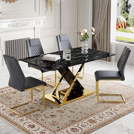 JUFU Dining Table Set for 4, 63" Black Kitchen Table with Faux Marble Tabletop and Upholstered PU Leather Chairs, 5 Piece Modern Dinner Set with X-Shaped Golden Base for Dining Room, Kitchen