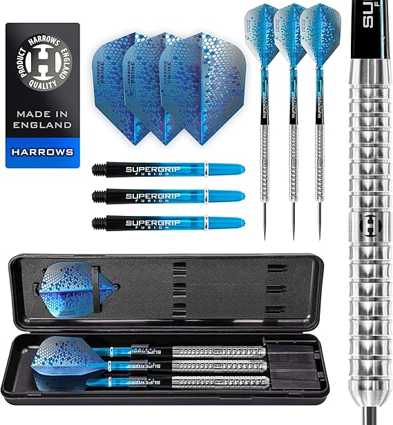 Harrows Pulse 90% Tungsten Steel Tip Dart Set 21g, 22g, 23g, 24g, 25g, 26g - Recessed Curved Grip, Aqua Super Grip Fusion Shaft, Prime Flight & Travel Case 24 Grams