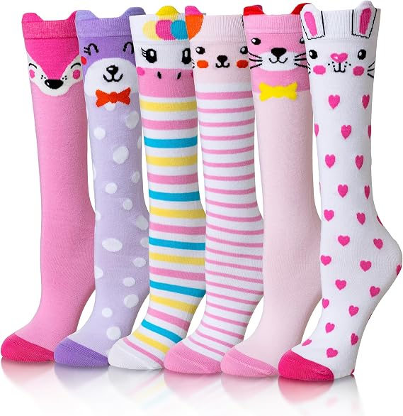 Eocom Girls Knee High Socks Kids Crazy Fun Gift Silly Tall Boot Cute Animal Cotton Long Socks 6 Pairs