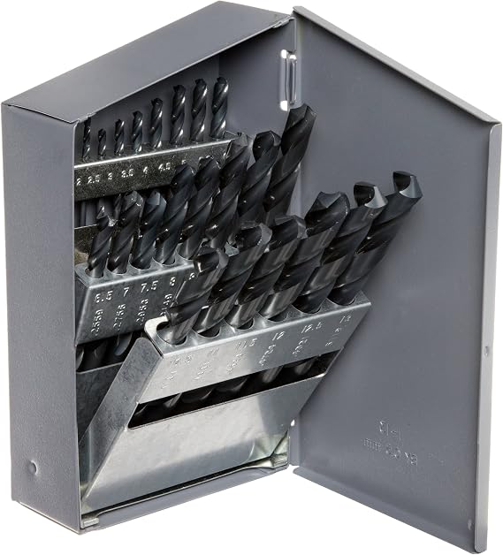 Chicago Latrobe 57725 150 Series High-Speed Steel Jobber Length Drill Bit Set with Metal Case, Black Oxide Finish, 118 Degree Conventional Point, Metric, 25-piece, 1.0mm - 13.0mm in 0.5mm increments