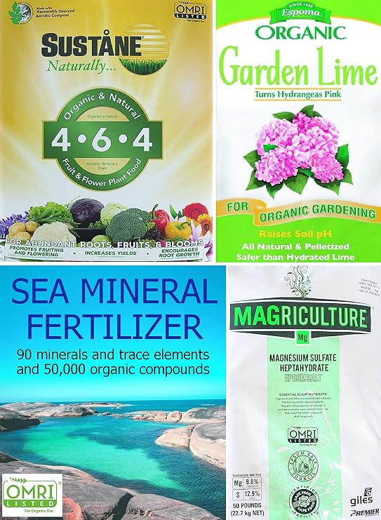 Gardening with Leon Organic Fertilizer Kit - Sustane 4-6-4 Organic Slow-Release Fertilizer, Sea Mineral Fertilizer, Epsom Salt & Gardening Lime - 1.8 lb (4 Cups) kit
