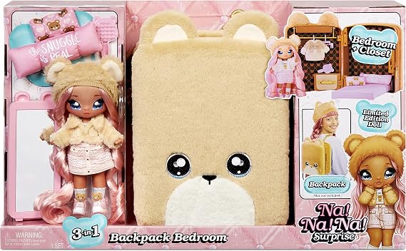 Na Na Na Surprise 3-in-1 Backpack Bedroom Playset Sarah Snuggles Fashion Doll in Exclusive Outfit, Fuzzy Teddy Bear Bag, Closet with Pillows & Blanket Accessories, Gift for Kids, Ages 5 6 7 8+ Years