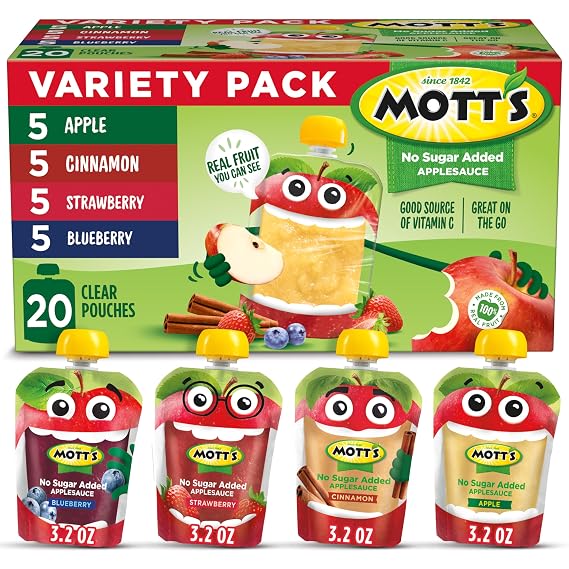 Mott's No Sugar Added Applesauce Variety Pack, 4 Flavors Apple, Strawberry, Cinnamon & Blueberry, Made from Real Fruit, No Artificial Flavors, 3.2 Clear Pouches, 20 Pack