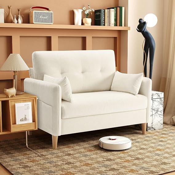 Urhanherry 47" Small Sofa Couch, Soft Chenille loveseat Mini Couch with Throw Pillow and Removable Cushion Cover for Small Spaces, Bedroom, Apartment, Dorm, Office, Living Room(Beige)