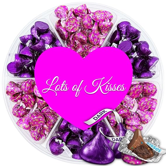 Mother's Day Chocolate Candy Gift Box, Hershey Milk Chocolate Kisses Assortment in Pink and Purple Foils, Heart Adorned 6 Sectional Tray Gift Basket for Wife, Mom, Chocolate Gift for Women