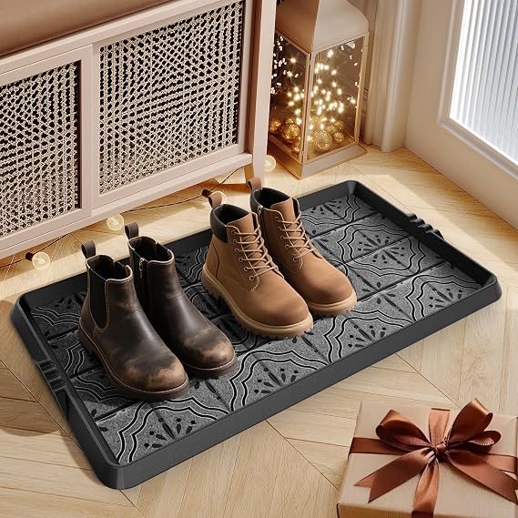 Boot-Tray Heavy Duty Rubber Shoe Mat with Lip Waterproof Shoe Tray for Entryway Indoor Outdoor Multi Use, Non-Slip Shoe Cleaning Shoe Storage with Artistic Prints, 16" x 27.5", Grey