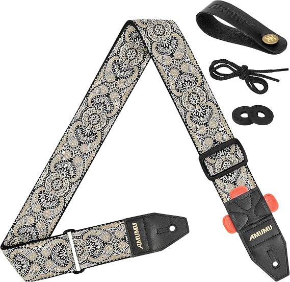 Amumu 2" Beige Regal Paisley Guitar Strap, Cotton Embroidery, Top-Grain Leather Ends with Pick Holder, for Acoustic, Electric, Bass Guitars Adjustable 36" to 59"