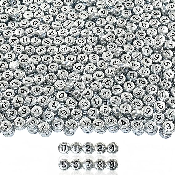 Amaney 500pcs Silver Acrylic Number Beads 7x4mm Mixed Number Beads Acrylic Plastic Round Shape Loose Beads