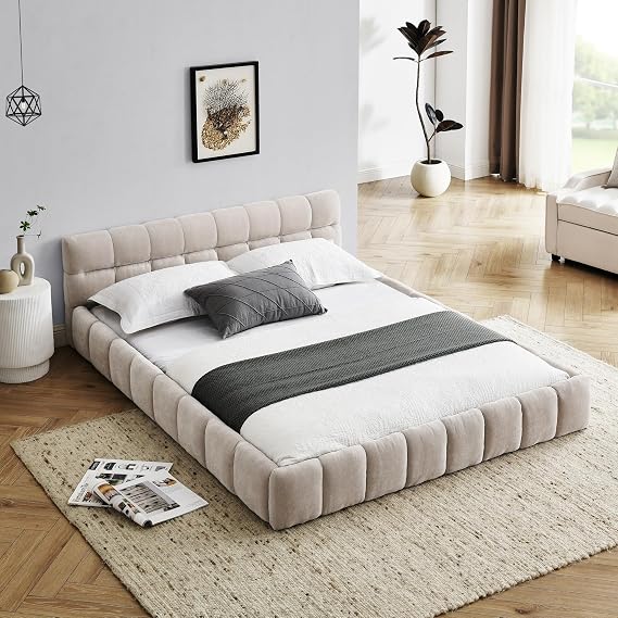 Queen Grounded Bed Frame with Headboard, Cute Puff Grid Pattern Chenille Upholstered Platform Floor Bed with Sturdy Slats, No Box Spring Needed, Easy Assembly, Cashmere Beige