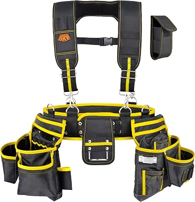 OKF 6-Piece Tool Belt with Suspenders,Magnetic Phone Holder and Hand Drill Tool Pouch Tool Rig for Framers Electrician 1680D Polyester Fabric,20 pockets,Black & Yellow,36-49In,5.5lb