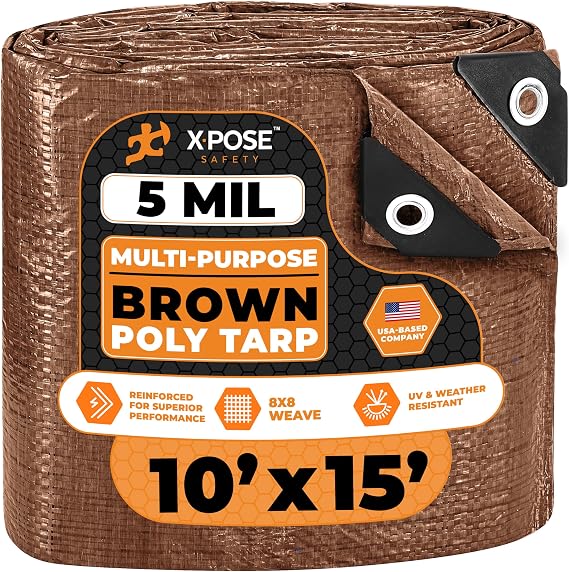 Multipurpose Protective Cover Brown Poly Tarp 10' x 15' - Durable, Water Resistant, Weather Resistant - 5 Mil Thick Polyethylene - by Xpose Safety