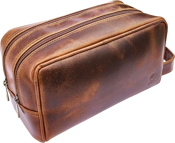 Leather Travel Toiletry Bag for Men, Full Grain Cosmetic Dopp Kit Organizer