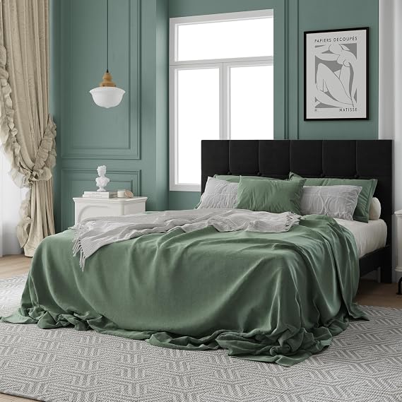 IOILORI Queen Size Bed Frame, Queen Size Platform Bed Frame with Headboard, Upholstered Headboard, Sturdy Wooden Slats, Noiseless No Box Spring Required, Easy to Assemble, Black