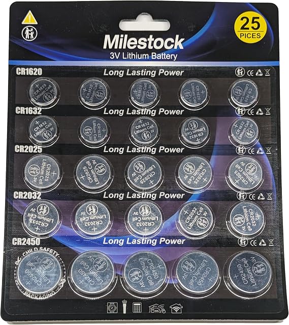25-Pcs 3V Lithium Button Battery Assortment CR1620 CR1632 CR2025 CR2032 CR2450 High Power Coin Cell Batteries