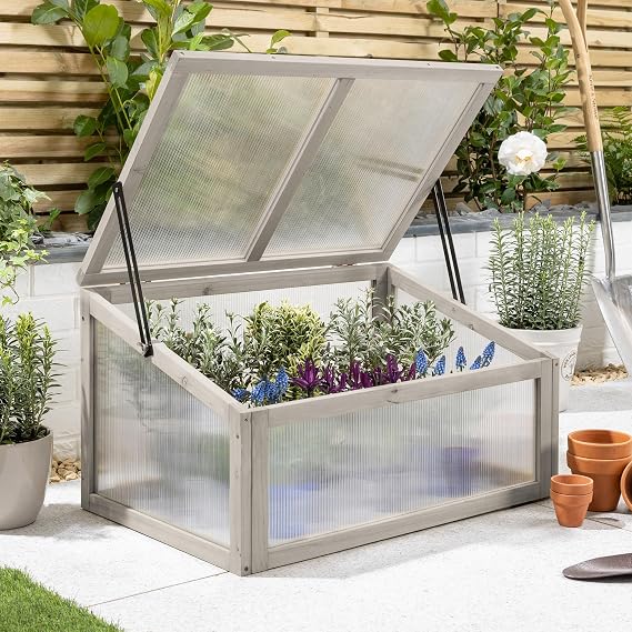 Christow Raised Bed Cold Frame Greenhouse, 70cm, Grey | Painted Wood Frame, Insulating Polycarbonate Panels, Open-Base Design, Ideal for Raised Beds, H39cm x W70cm x D46cm