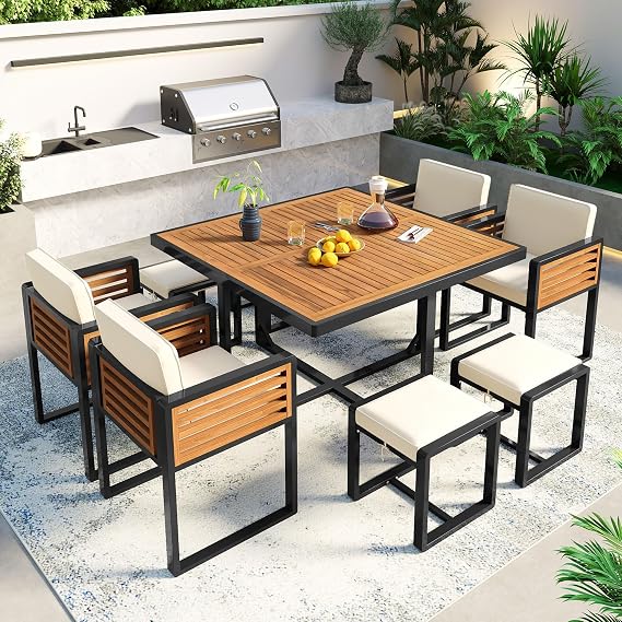 9-Pieces Acacia Wood Patio Dining Set, Space Saving Outdoor Patio Set,4 Cushioned Chairs & 4 Ottomans & 1 Square Table,for Backyard,Garden,Deck and Poolside (Beige#040)