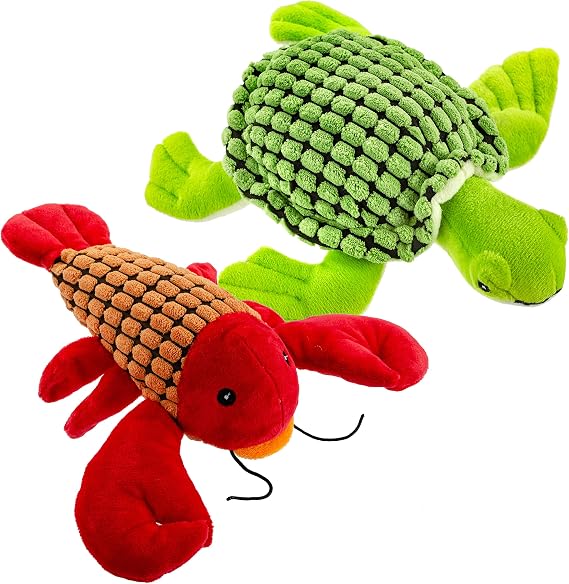 Giftable World Pet 9 Inch Plush Pet Toy Corduroy Sea Creatures with Squeaker and Crinkle (Lobster & Sea Turtle)