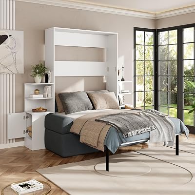 Queen Size Murphy Bed with Upholstered Sofa & Storage Cabinets,Folding Hideaway Wall Bed Cabinet with Shelves & Headboard & Cushions & Velvet Couch for Multipurpose Home Office & Guest Room,White Gray