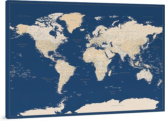 Trip map Pin Board World Map - Canvas World Map Pin Board with Pins - Dark Blue Colour - for Personalisation - Framed World Map for Pinning - 150 x 100 cm; 120 x 80 cm; 100 x 70 cm Sizes