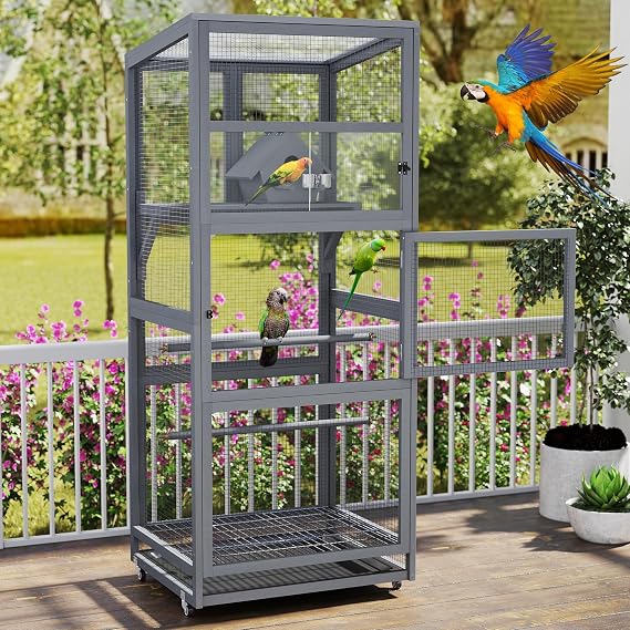 COZIWOW Large Bird Cage Wooden Outdoor Parrots Aviary with Perch,Nest,Tray