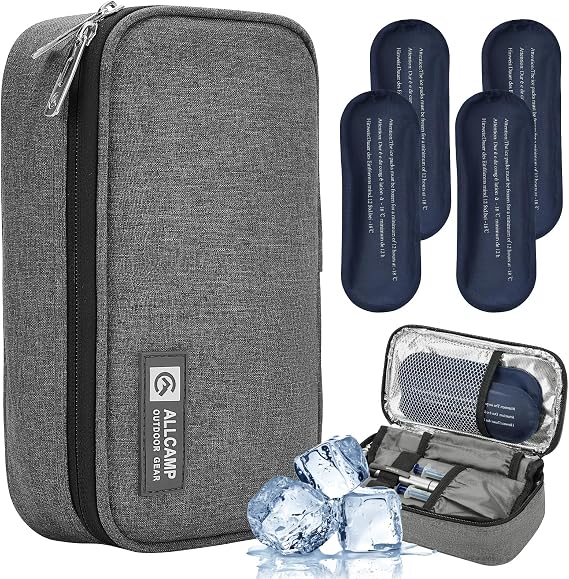 ALLCAMP Insulin Travel Cooler Case, Large Capacity, 4 Ice Packs, Gray | Fits all vial & syringe sizes, multi-pocket organizer, insulation, compact, travel, daily use, diabetic care
