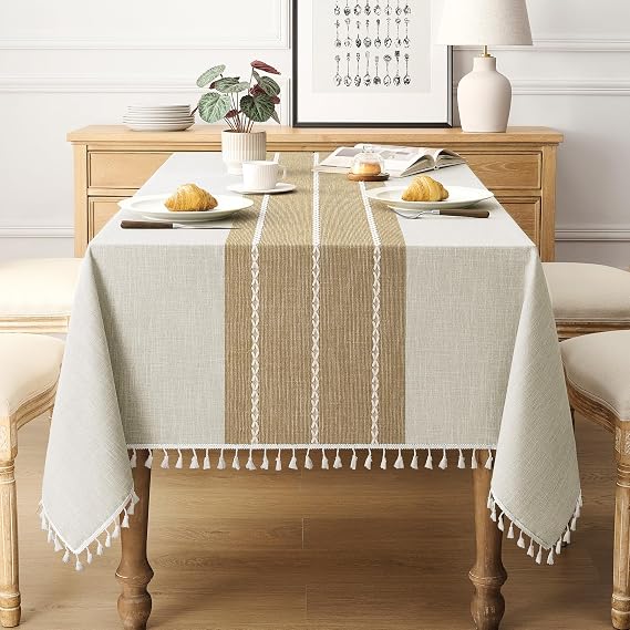 puredown Rustic Rectangle Tablecloth, Waterproof Cotton Linen Tablecloth with Tassel, Wrinkle Free Farmhouse Table Cloths for Kitchen Dining Outdoor, 55"x120",10-12 Seats, Coffee