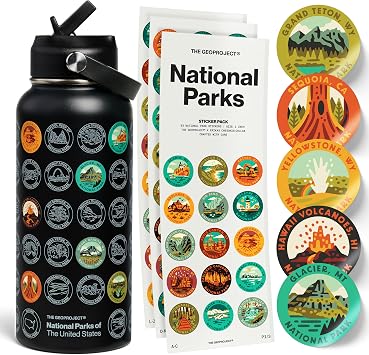 National Parks Water Bottle with Stickers Kit, Erikas Chesonis Collaboration, Adventure Flask with Straw, Waterproof Stickers for Water Bottle, Insulated Stainless Steel 32oz (Black)