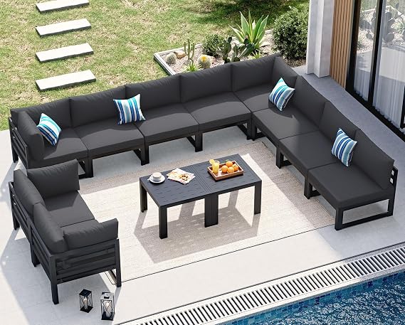 NICESOUL 12 Piece Extra Large Aluminum Outdoor Furniture Set, Rust-Proof Luxury Patio Sectional with Coffee Table, 500lbs Sturdy Comfortable Couch Sofa Conversations for Outside Garden, Dark Gray