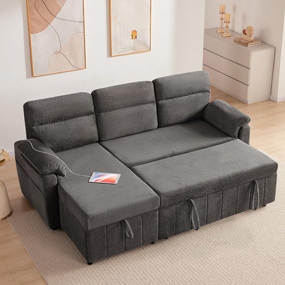 Tbfit Sleeper Sofa Couch with Pullout Bed with Storage Chaise & USB, Chenille Convertible Sleeper Sofa, Pull Out Sofas for Small Spaces, Dark Gray