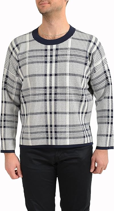 Hugo Boss Men's Schecky Plaid Crewneck Pullover Sweater US XL IT 54 Blue/White