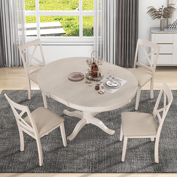 Flieks Modern Dining Table Set for 4,Round Table and 4 Kitchen Room Chairs,5 Piece Kitchen Table Set for Dining Room,Dinette,Breakfast Nook,Antique White