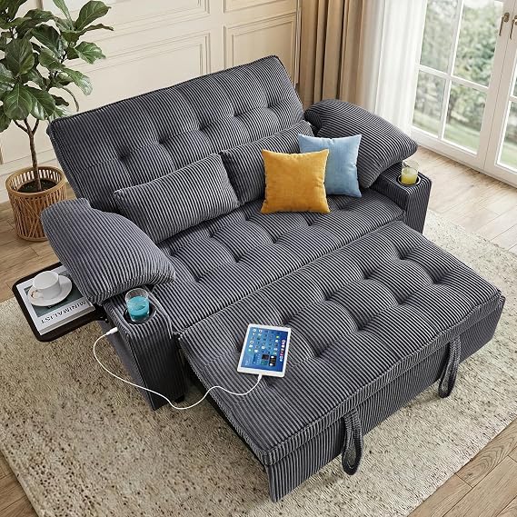 Wakefit 58in Sleeper Sofa Bed, Convertible Pull Out Couch Bed Full Size Corduroy Fabric Loveseat for Living Room, Apartment, Office(Darkgrey) | USB Charging