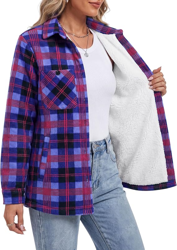 YUCOLEN Womens Flannel Plaid Shirt Sherpa Fleece Lined Jacket with Pockets