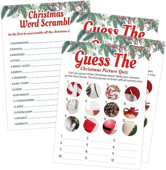 Funny Christmas Games Bundle for Families and Adults - Word Scramble & Picture Quiz, 31 Double-Sided Cards for White Elephant Gift Exchange, Christmas Party Games for Large Groups, Decorations, 5x7"