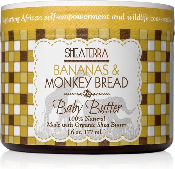 Shea Terra Organics Mama and Baby Collection | Bananas & Monkey Bread Baby Butter | Non Toxic All Natural Emollient with Baobab and Shea Butter for Cradle Cap, Rashes, Diaper Area and Dry Skin 6oz