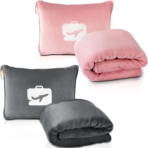 EverSnug Travel Blanket and Pillow Value Bundle - 2 in 1 Airplane Blanket with Soft Bag Pillowcase, Hand Luggage Sleeve and Backpack Clip | Color Includes Pink & Grey