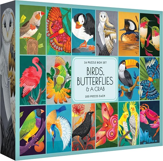 RoseArt - Birds Butterflies & Crab Jigsaw Puzzle Box Set- 16 Mini Puzzles, 100 Pieces Each - Colorful Puzzle Gift Set for Adults