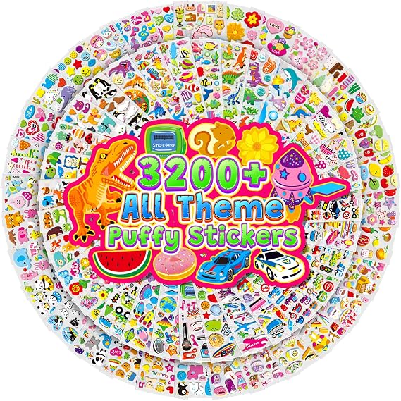 Sinceroduct 3200+ 3D Puffy Stickers for Toddlers Kids Teacher's Reward | 64 Sheets,Waterproof Easy Peel&Stick Reusable Bulk Value Cute Animal for Craft Scrapbooking/Home Reward/Party Gift/Journal