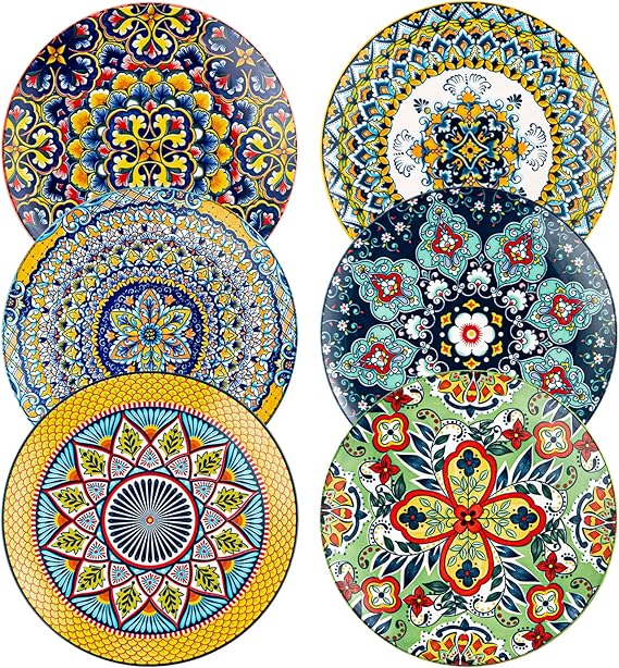 HENXFEN LEAD Ceramic Dessert, Salad Plates 8.5 Inch, Small Dinner Plate Set of 6- Serving Dishes for Thanksgiving & Christmas, Dishwasher & Microwave Safe - Bohemian Style