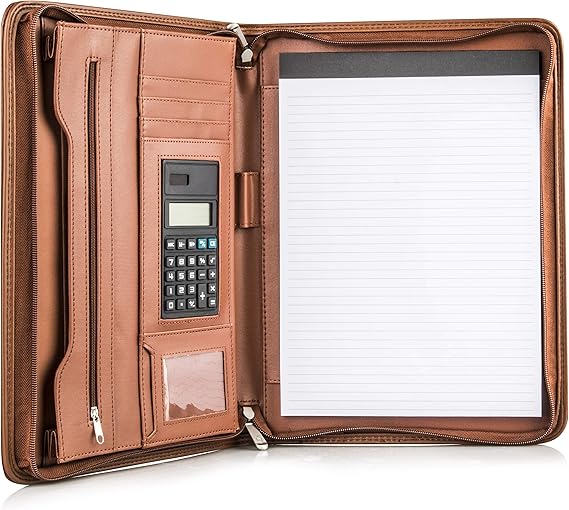 Cossini Premium Business Portfolio with Zipper Padfolio - Superior Business Impressions Begin with PU Vegan Leather, 10.1 Inch Tablet Sleeve, Smart Storage, Solar Calculator, Writing Pad - Tan